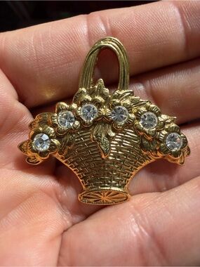 Vintage Gold Tone Crystals Floral Basket Brooch